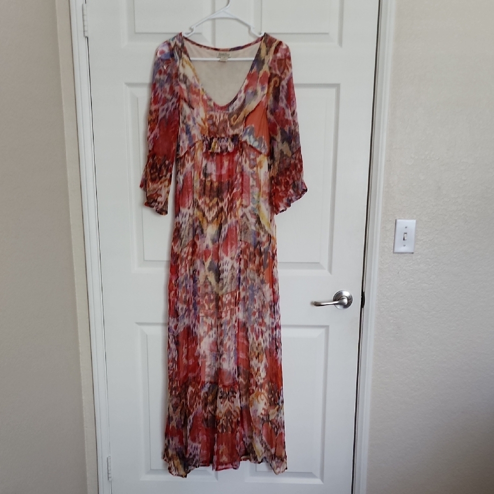 Lucky Brand Red, Orange, and Blue Ruffled Tiered Maxi Dress